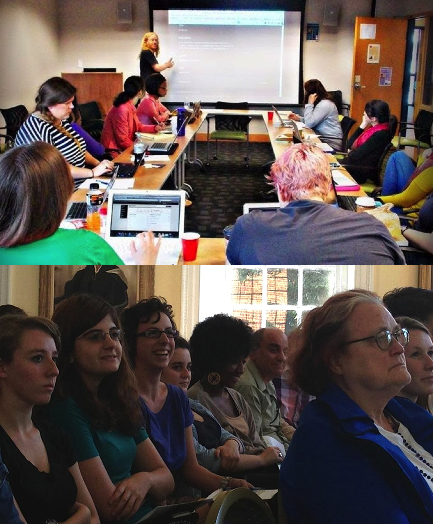 Above: Graduate students with Patrick Murray-John (George Mason University) workshop on using Omeka for digital curation. Below: Undergrads, faculty, and librarians attending a DH lecture. [Photos: M Bychowski, Alexa Huang]